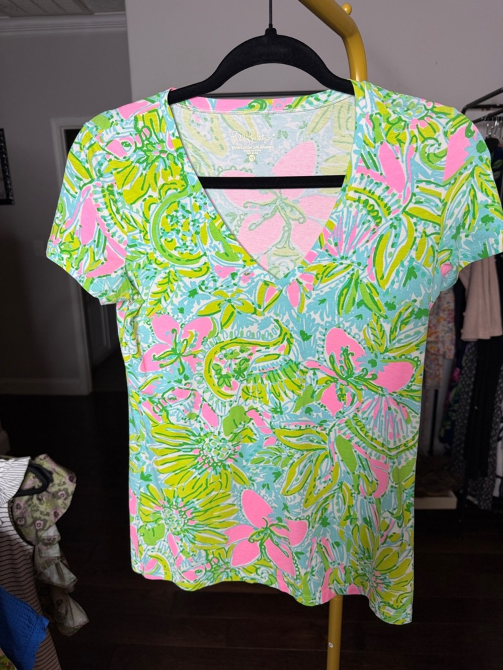 Lilly Pulitzer Pink, Green & Light Blue Floral V-Neck Tee